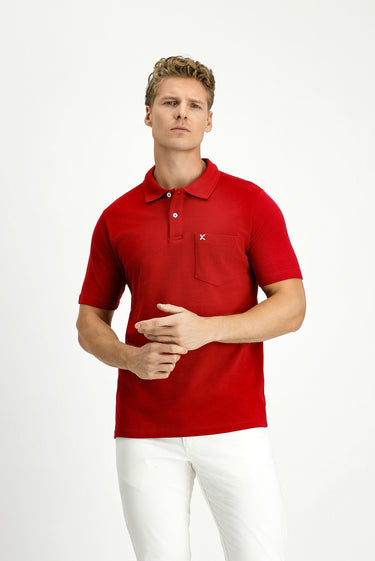 Koyu Kırmızı Cepli Polo Yaka Regular Fit Nakışlı Pamuk Tişört