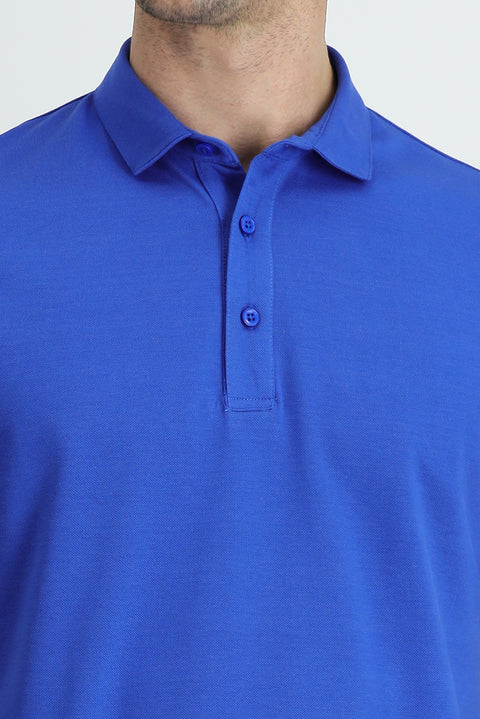 Navy Blue Polo Collar Regular Fit Cotton T-Shirt