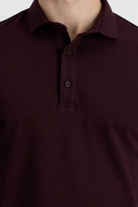 Dark Burgundy Polo Collar Regular Fit Cotton T-shirt