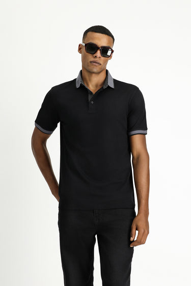 Siyah Polo Yaka Regular Fit Desenli Pamuklu Tişört