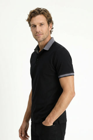 Siyah Polo Yaka Regular Fit Desenli Pamuklu Tişört