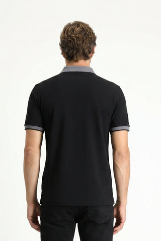 Siyah Polo Yaka Regular Fit Desenli Pamuklu Tişört