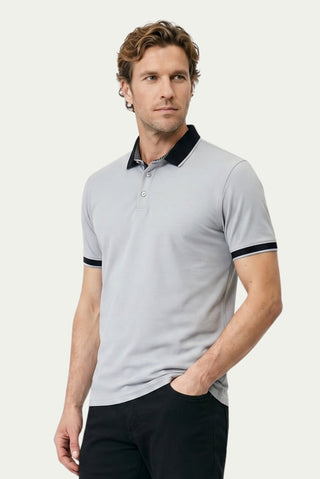 Orta Gri Polo Yaka Regular Fit Desenli Pamuklu Tişört