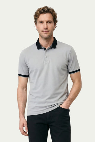 Orta Gri Polo Yaka Regular Fit Desenli Pamuklu Tişört