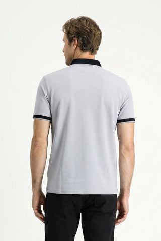 Orta Gri Polo Yaka Regular Fit Desenli Pamuklu Tişört