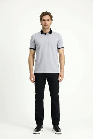 Orta Gri Polo Yaka Regular Fit Desenli Pamuklu Tişört