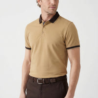 Medium Beige Polo Collar Regular Fit Patterned Cotton T-shirt