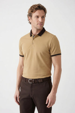 Orta Bej Polo Yaka Regular Fit Desenli Pamuklu Tişört
