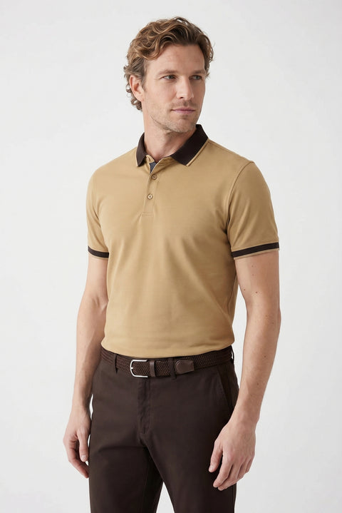Medium Beige Polo Collar Regular Fit Patterned Cotton T-shirt