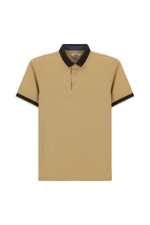 Medium Beige Polo Collar Regular Fit Patterned Cotton T-shirt