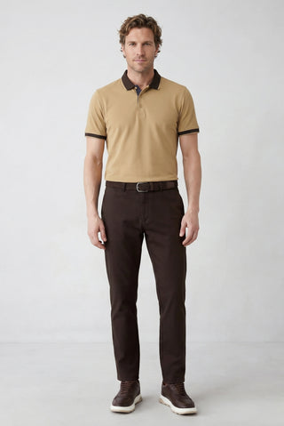 Orta Bej Polo Yaka Regular Fit Desenli Pamuklu Tişört