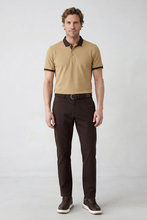Medium Beige Polo Collar Regular Fit Patterned Cotton T-shirt