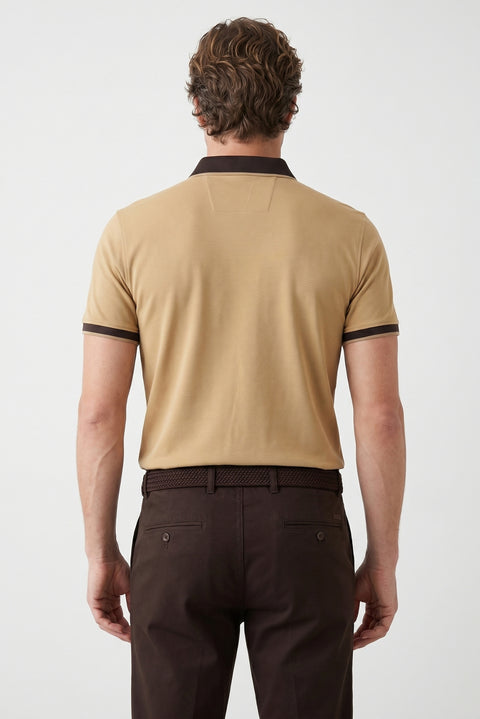 Medium Beige Polo Collar Regular Fit Patterned Cotton T-shirt