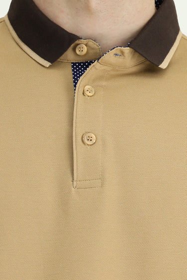 Orta Bej Polo Yaka Regular Fit Desenli Pamuklu Tişört