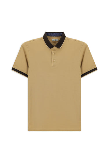 Orta Bej Polo Yaka Regular Fit Desenli Pamuklu Tişört