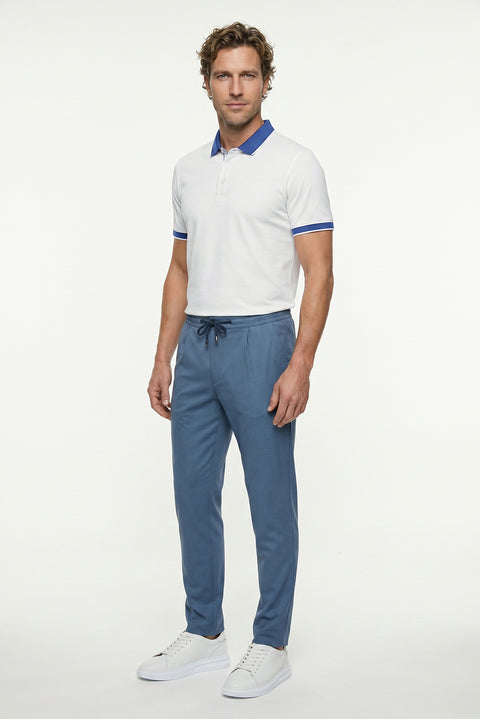 Beyaz Polo Yaka Regular Fit Desenli Pamuklu Tişört