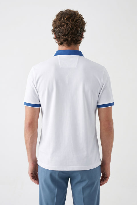 Beyaz Polo Yaka Regular Fit Desenli Pamuklu Tişört