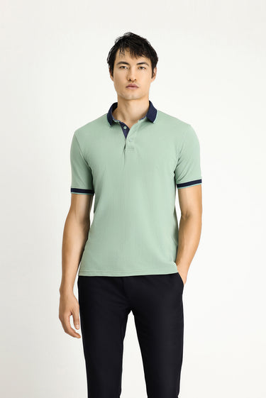 Çağla Yeşili Polo Yaka Regular Fit Desenli Pamuklu Tişört