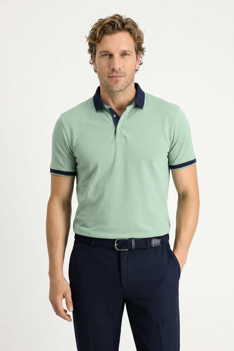 Light Green Polo Collar Regular Fit Patterned Cotton T-shirt