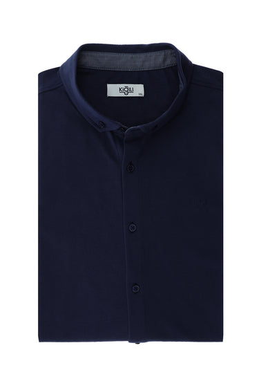 Orta Lacivert Büyük Beden Polo Yaka Pamuklu Gömlek Tişört