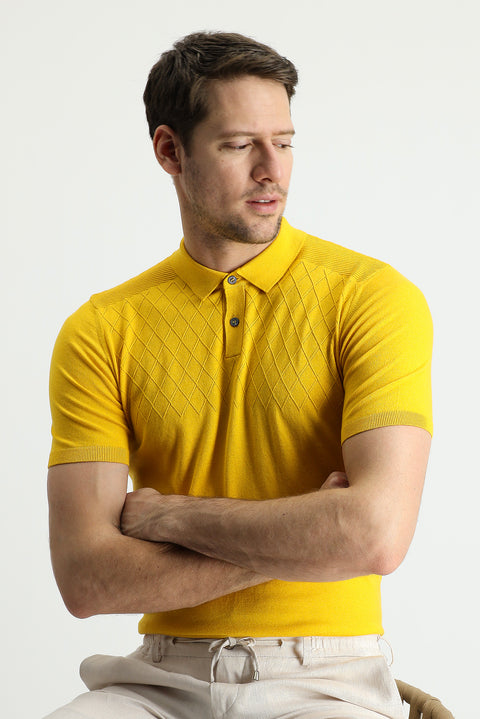 Mustard Polo Neck Regular Fit Patterned T-Shirt