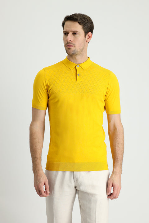 Mustard Polo Neck Regular Fit Patterned T-Shirt