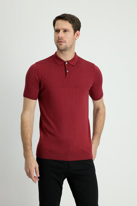 Şarap Bordo Polo Yaka Regular Fit Desenli Pamuklu Tişört