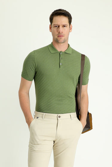 Yağ Yeşili-Olive Polo Yaka Regular Fit Desenli Pamuklu Tişört