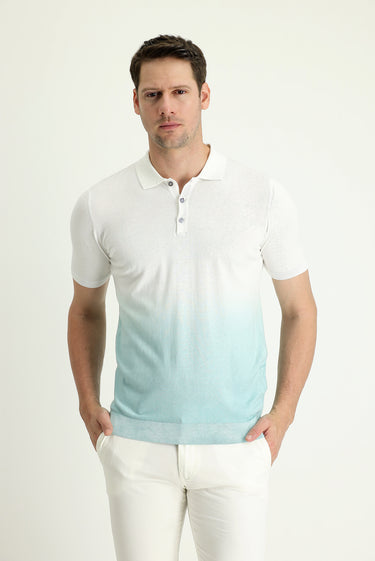 Su Yeşili Polo Yaka Regular Fit Desenli Pamuklu Tişört