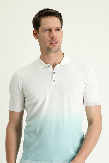 Su Yeşili Polo Yaka Regular Fit Desenli Pamuklu Tişört