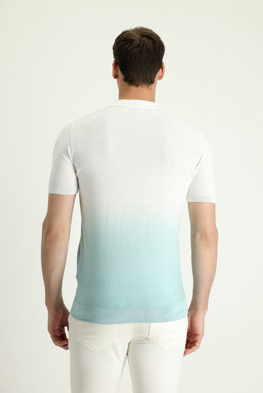 Su Yeşili Polo Yaka Regular Fit Desenli Pamuklu Tişört