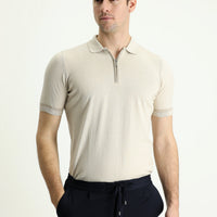 Light Beige Polo Collar Regular Fit Zip-Up Cotton T-Shirt