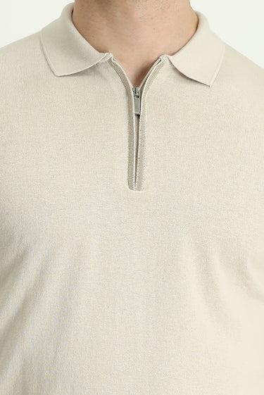 Açık Bej Polo Yaka Regular Fit Fermuarlı Pamuklu Tişört