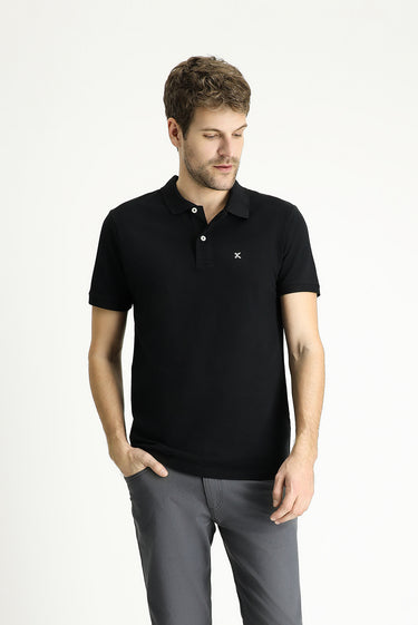 Siyah Polo Yaka Slim Fit Dar Kesim Nakışlı Pamuk Tişört