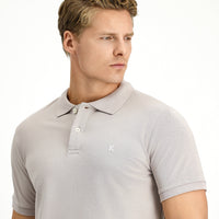 Orta Gri Polo Yaka Slim Fit Dar Kesim Nakışlı Pamuk Tişört