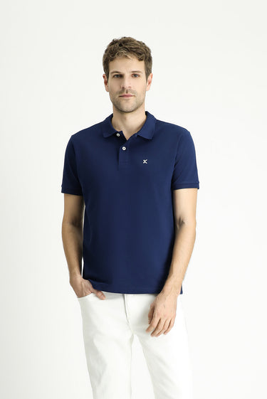 Orta Lacivert Polo Yaka Slim Fit Dar Kesim Nakışlı Pamuk Tişört