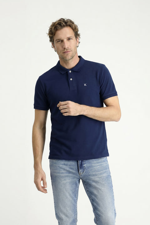 Medium Navy Blue Polo Collar Slim Fit Embroidered 100% Cotton T-shirt