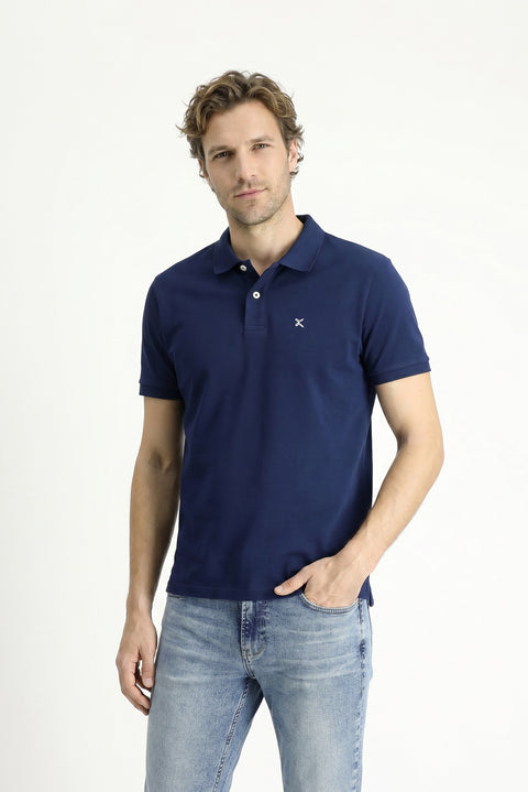 Medium Navy Blue Polo Collar Slim Fit Embroidered 100% Cotton T-shirt