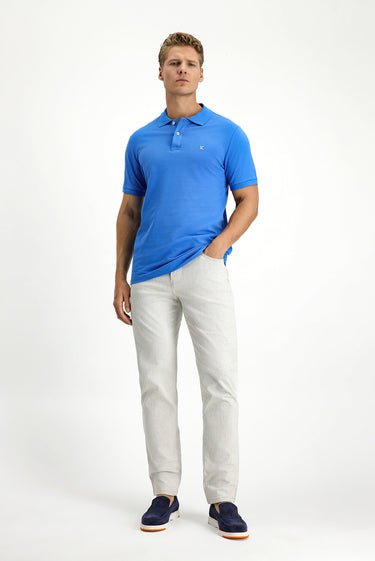 Saks Mavi Polo Yaka Slim Fit Dar Kesim Nakışlı Pamuk Tişört