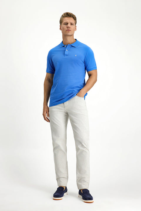 Saks Mavi Polo Yaka Slim Fit Nakışlı %100 Pamuk Tişört