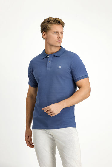 İndigo Polo Yaka Slim Fit Dar Kesim Nakışlı Pamuk Tişört