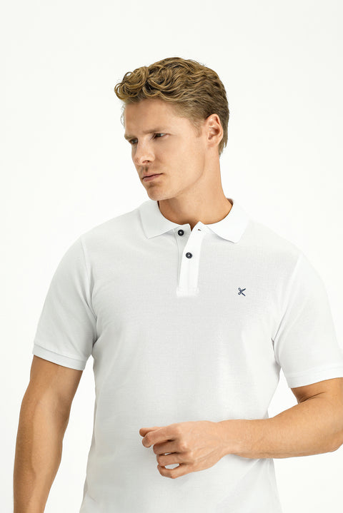 Beyaz Polo Yaka Slim Fit Nakışlı %100 Pamuk Tişört