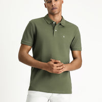 Orta Haki Polo Yaka Slim Fit Dar Kesim Nakışlı Pamuk Tişört