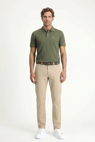 Orta Haki Polo Yaka Slim Fit Nakışlı %100 Pamuk Tişört