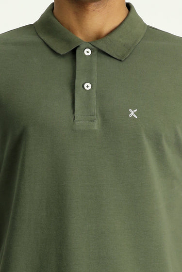 Orta Haki Polo Yaka Slim Fit Dar Kesim Nakışlı Pamuk Tişört