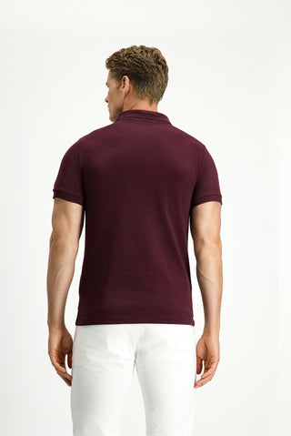 Koyu Bordo Polo Yaka Slim Fit Nakışlı %100 Pamuk Tişört