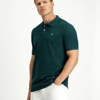 Koyu Yeşil Polo Yaka Slim Fit Dar Kesim Nakışlı Pamuk Tişört