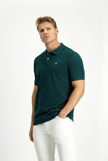 Koyu Yeşil Polo Yaka Slim Fit Dar Kesim Nakışlı Pamuk Tişört