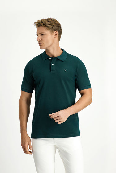 Koyu Yeşil Polo Yaka Slim Fit Dar Kesim Nakışlı Pamuk Tişört