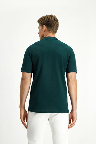 Koyu Yeşil Polo Yaka Slim Fit Nakışlı %100 Pamuk Tişört